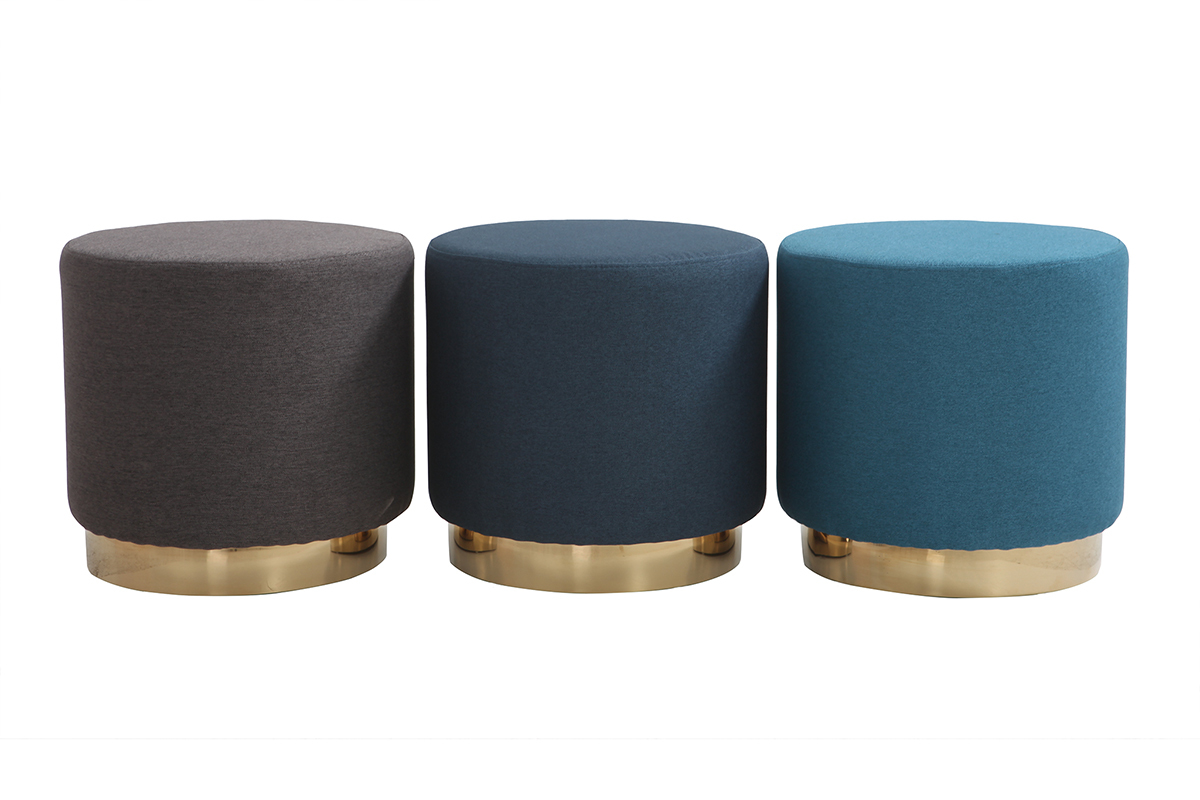 Pouf rond en tissu bleu canard et m�tal dor� BETTY
