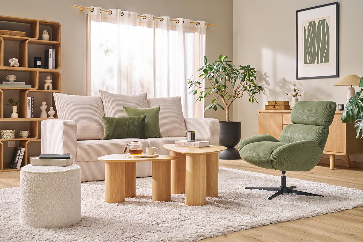 Pouf rond en tissu effet laine boucle blanc D40 cm PAUL