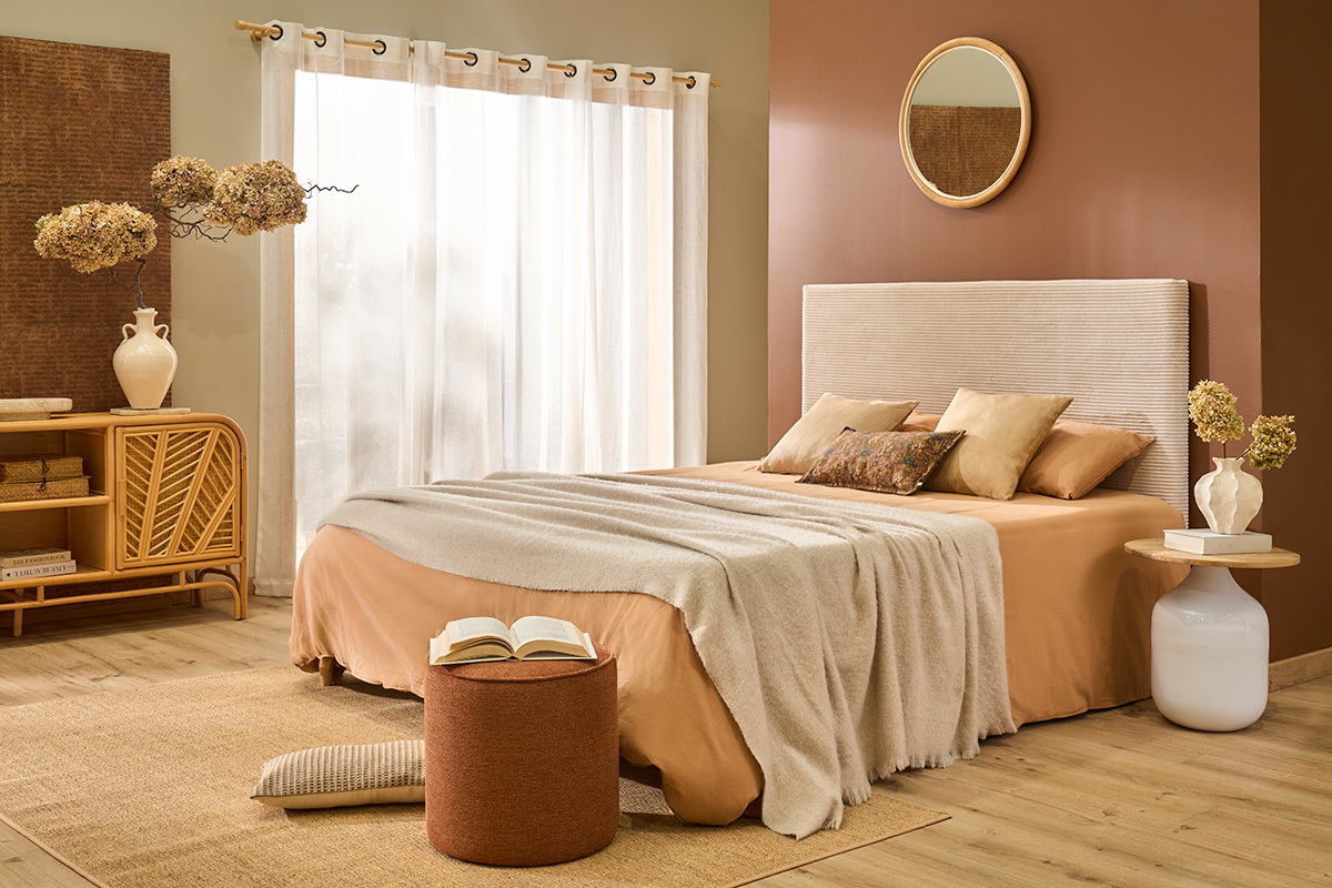 Pouf rond en tissu effet velours textur� terre br�l�e D40 cm PAUL