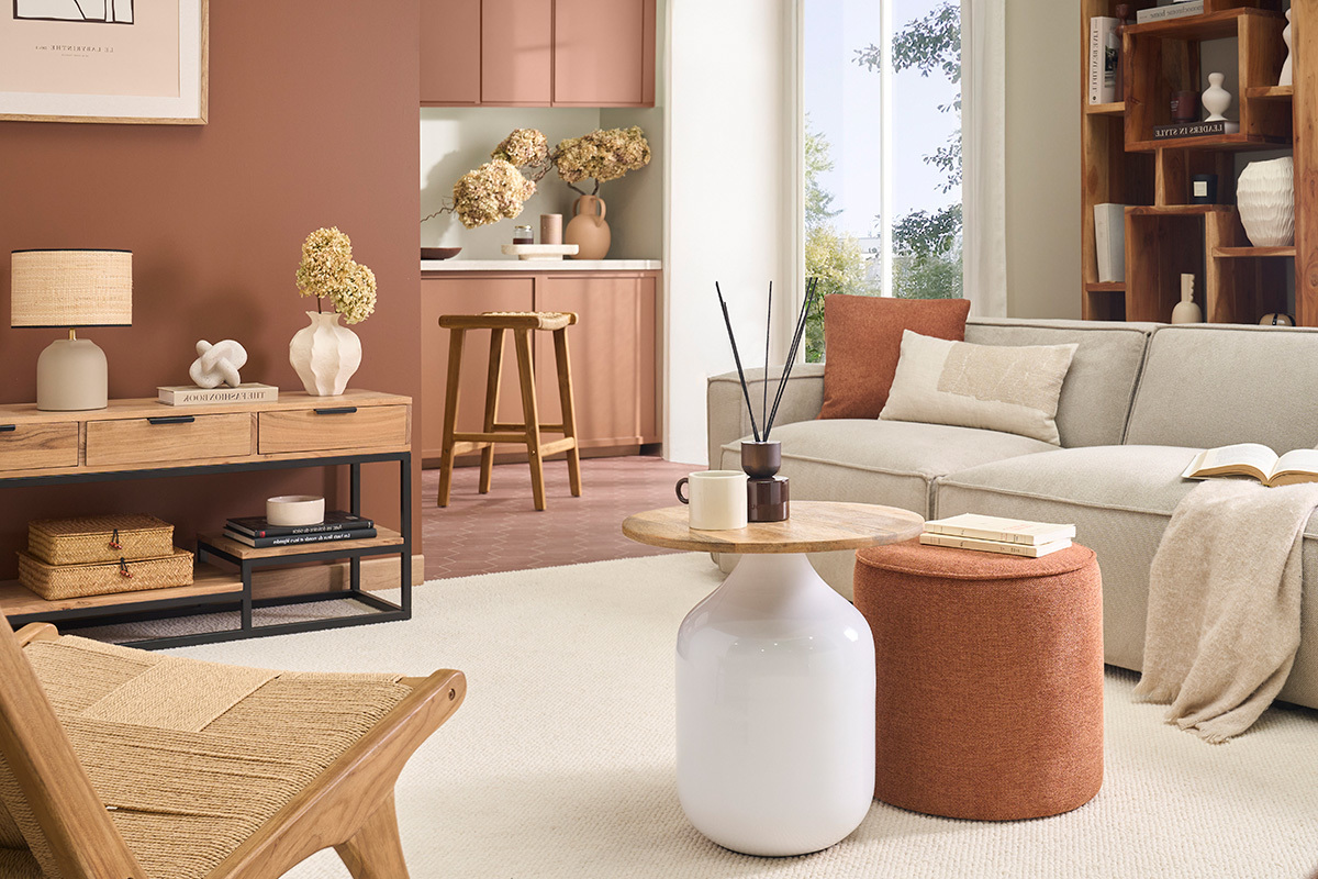 Pouf rond en tissu effet velours textur� terre br�l�e D40 cm PAUL