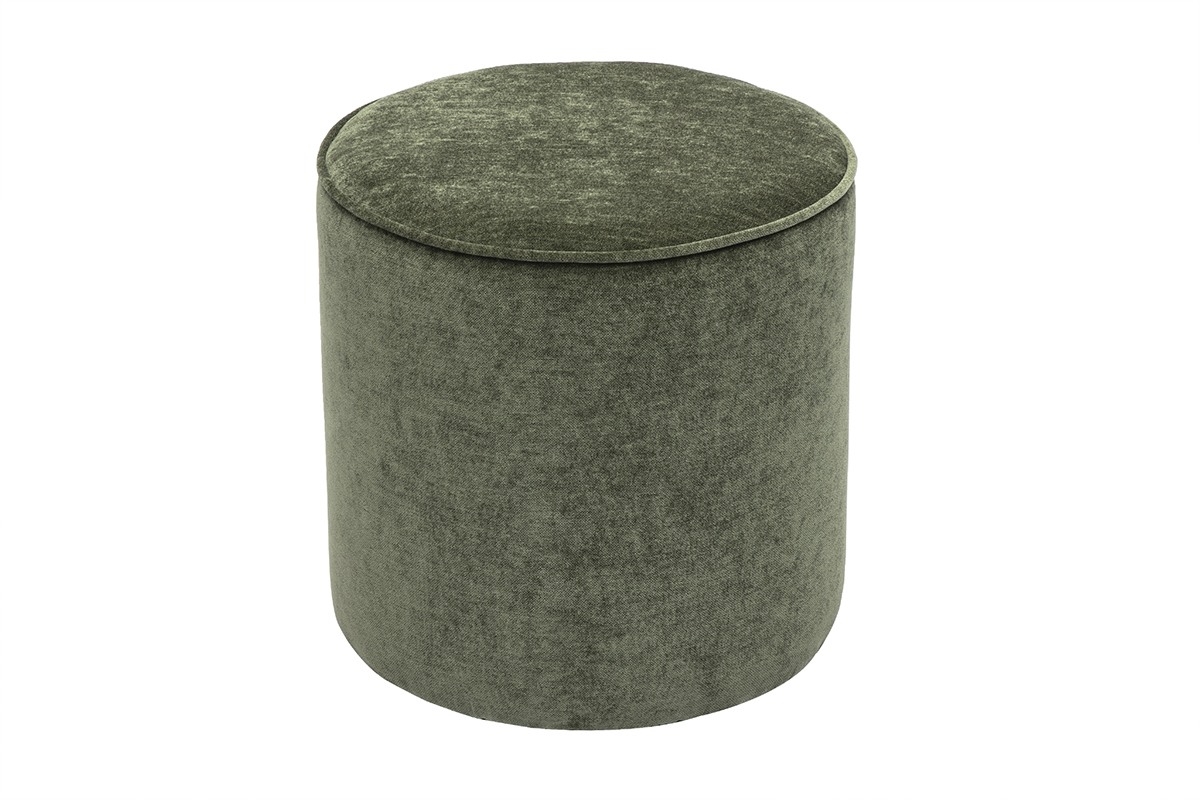 Pouf rond en tissu effet velours vert kaki D40 cm PAUL