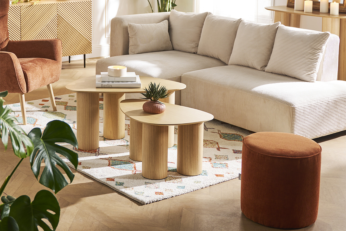 Pouf rond en tissu velours ctel terre brle D40 cm LOUIS