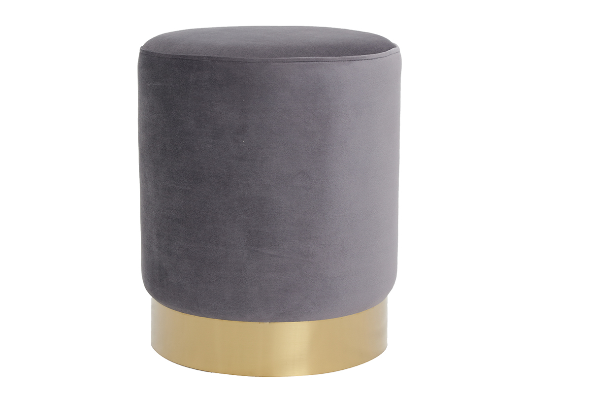 Pouf rond en tissu velours gris et m�tal dor� D38 cm AMAYA