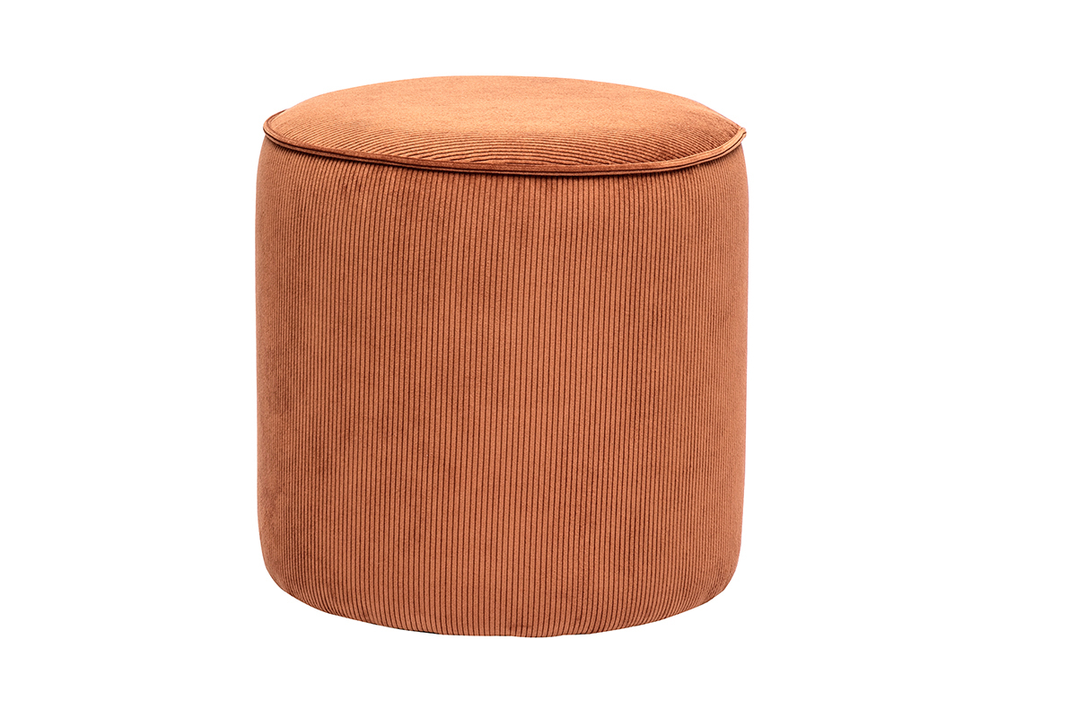 Pouf rond en velours c�tel� terre br�l�e D40 cm PAUL