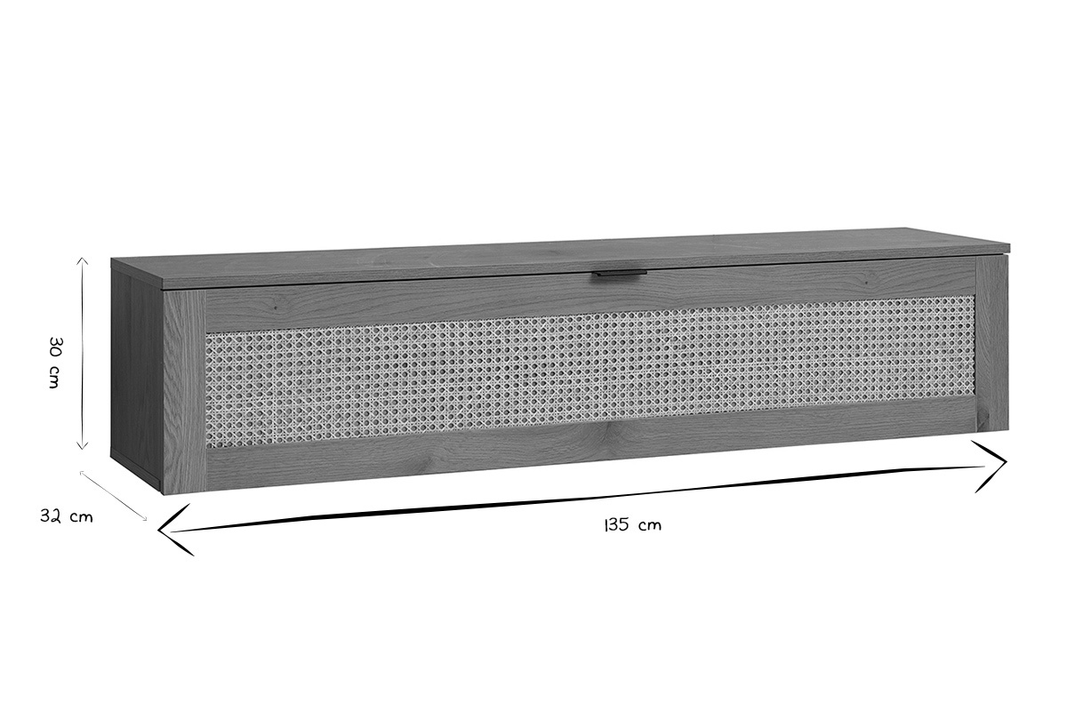 Rangement mural finition bois clair et cannage rotin 1 porte L135 cm MANILLE