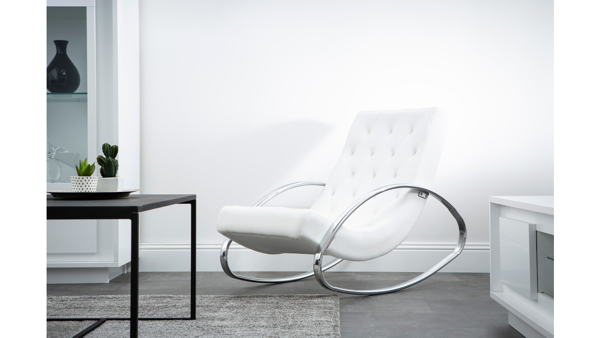 Rocking chair design blanc et acier chrom CHESTY