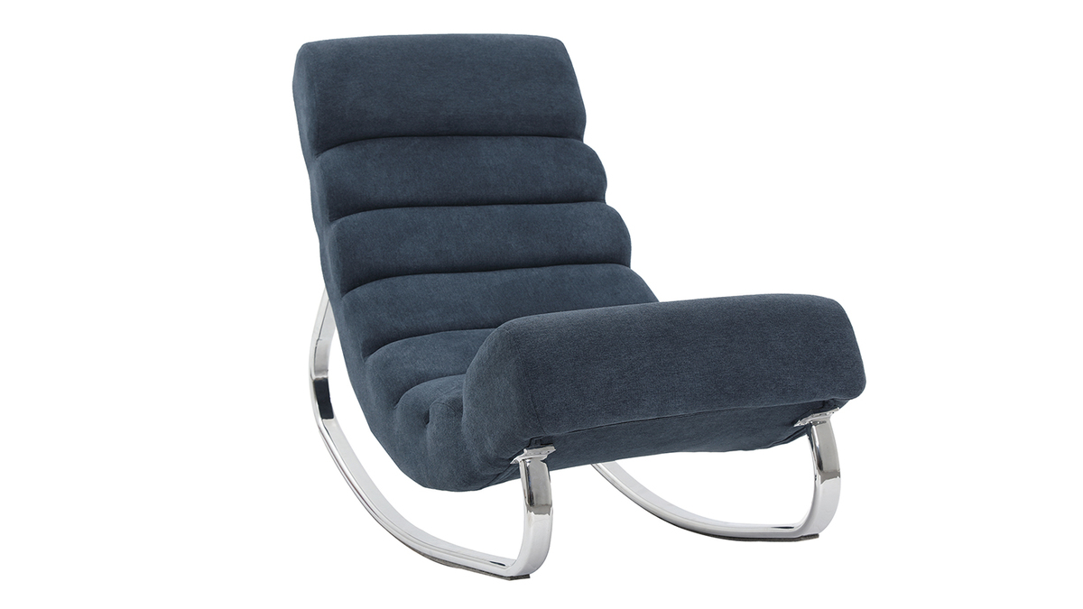 Rocking chair design en tissu effet velours bleu et acier chrom TAYLOR