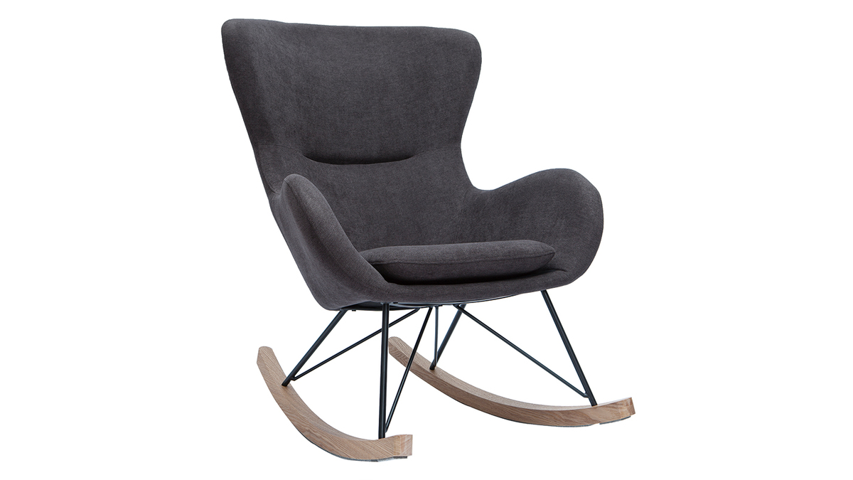 Rocking chair design en tissu effet velours gris fonc, mtal noir et bois clair ESKUA