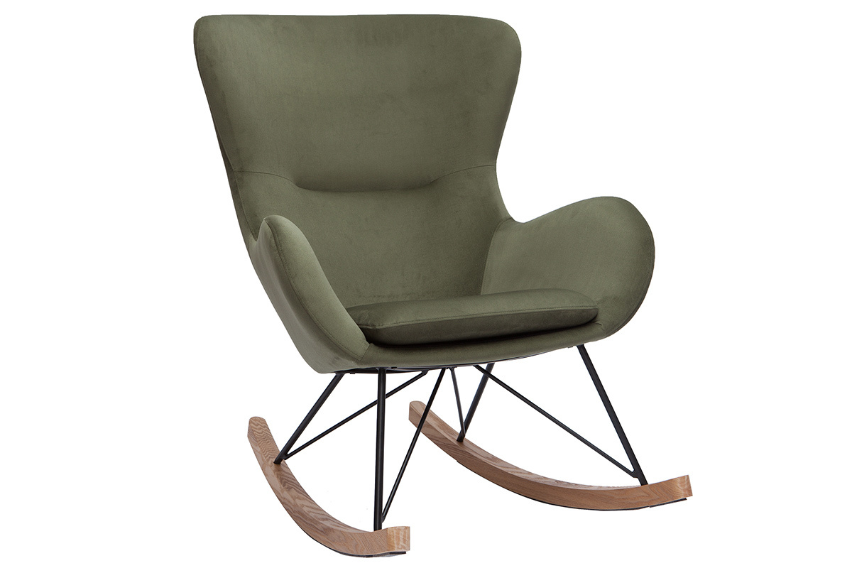 Rocking chair design en tissu effet velours kaki, mtal noir et bois clair ESKUA