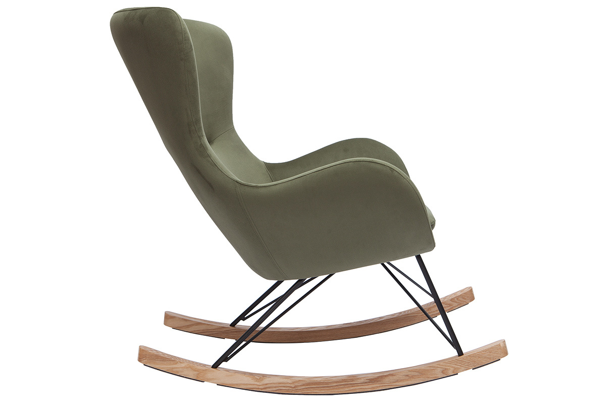 Rocking chair design en tissu effet velours kaki, mtal noir et bois clair ESKUA