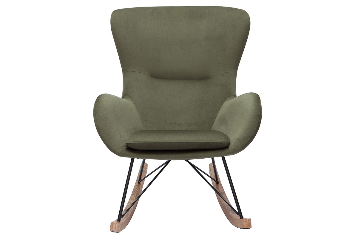 Rocking chair design en tissu effet velours kaki, mtal noir et bois clair ESKUA