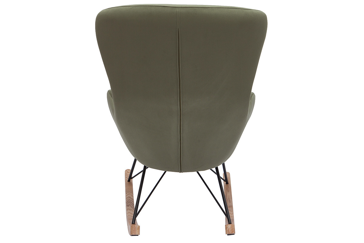 Rocking chair design en tissu effet velours kaki, mtal noir et bois clair ESKUA