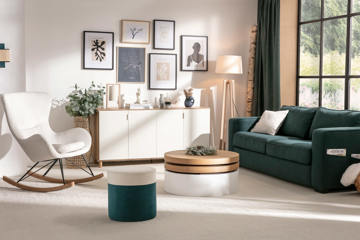 Rocking chair design en tissu effet velours kaki, mtal noir et bois clair ESKUA