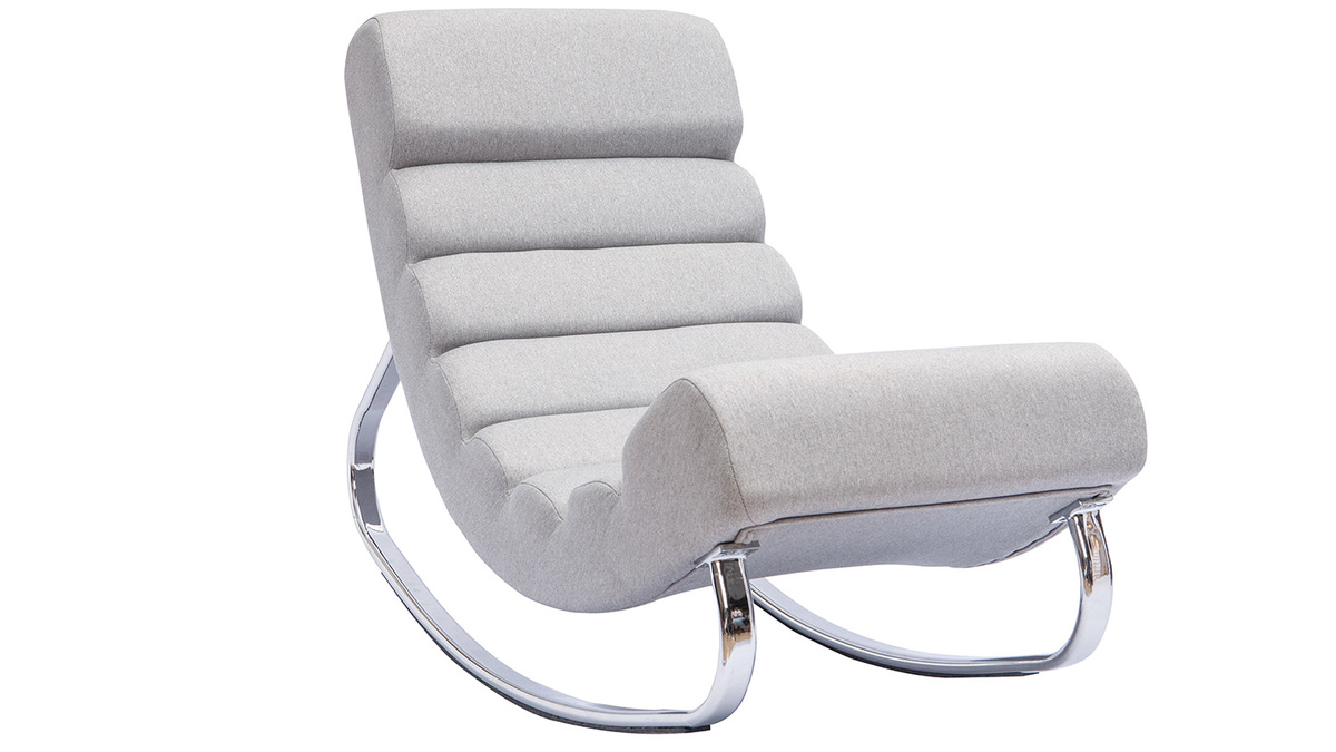Rocking chair design en tissu gris clair et acier chrom TAYLOR