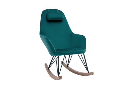Rocking chair design en tissu velours bleu canard, métal noir et bois clair JHENE