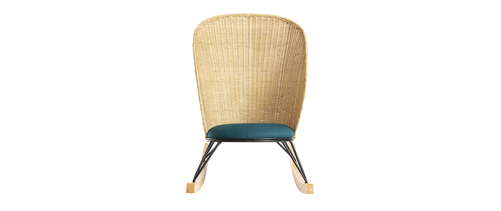 Rocking chair en rotin et tissu bleu p�trole ROBIN