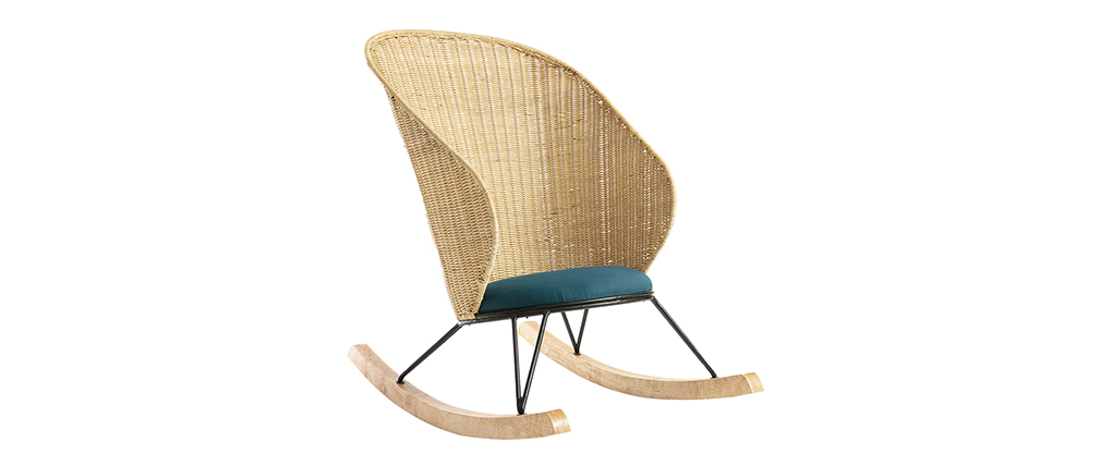 Rocking chair en rotin et tissu bleu p�trole ROBIN
