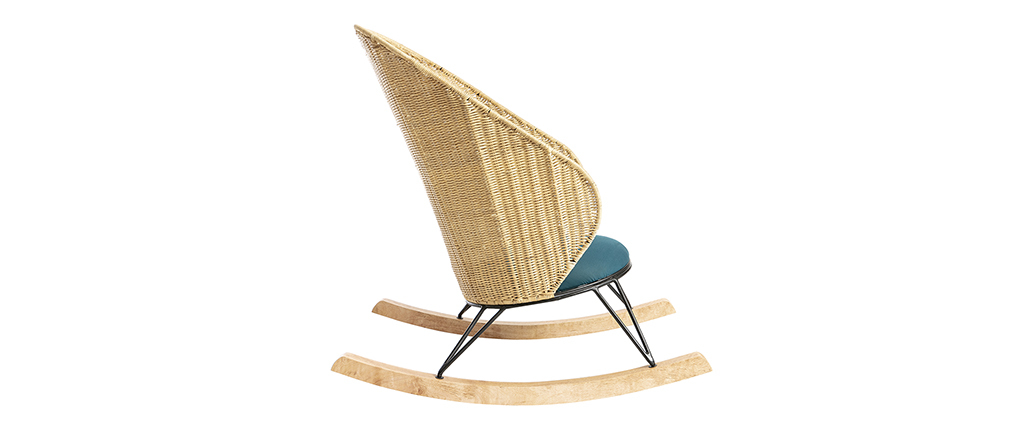 Rocking chair en rotin et tissu bleu p�trole ROBIN