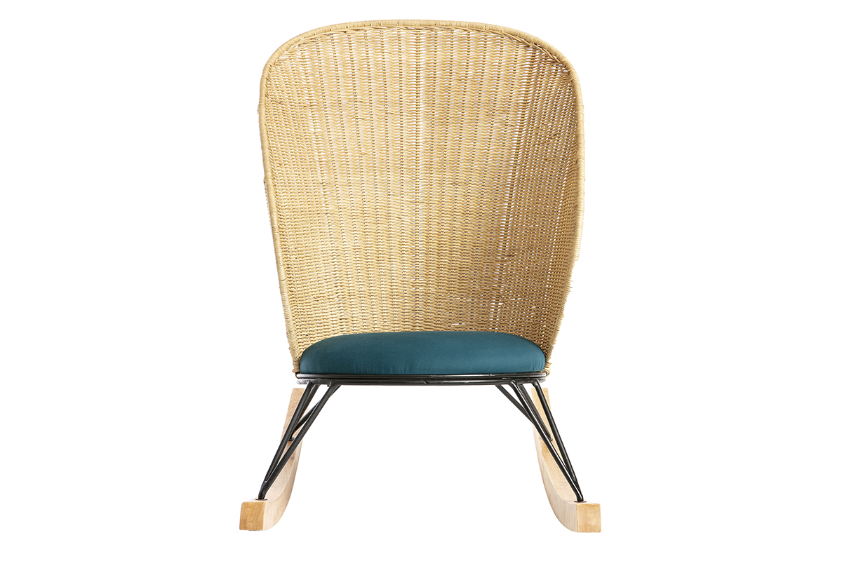 Rocking chair en rotin et tissu bleu ptrole ROBIN