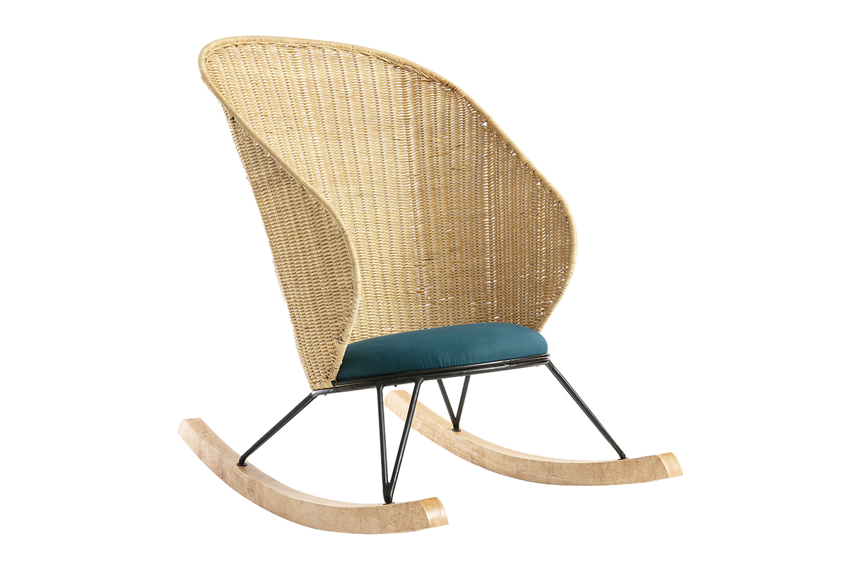 Rocking chair en rotin et tissu bleu ptrole ROBIN