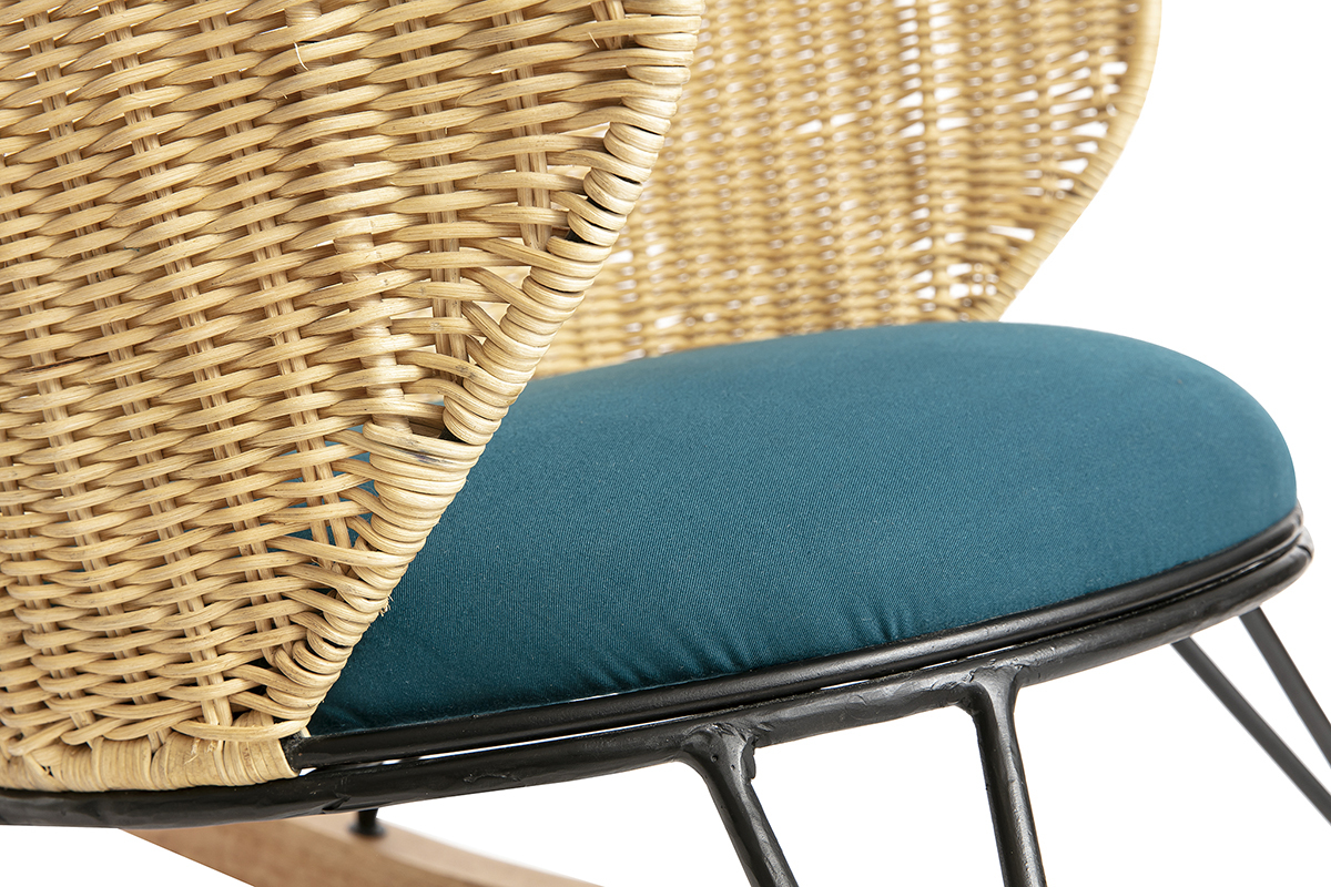 Rocking chair en rotin et tissu bleu ptrole ROBIN
