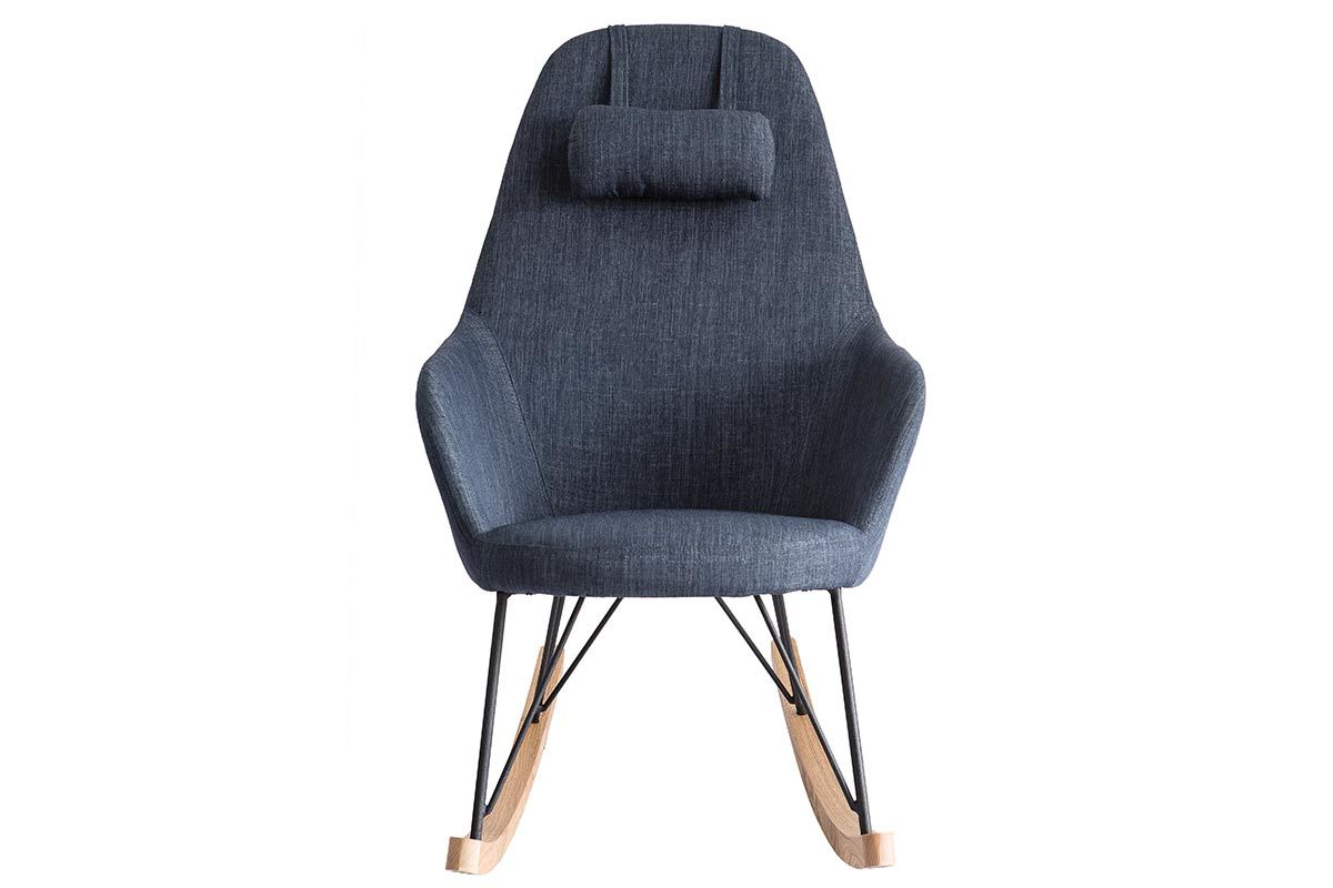 Rocking chair en tissu bleu jean avec pieds m�tal et fr�ne JHENE