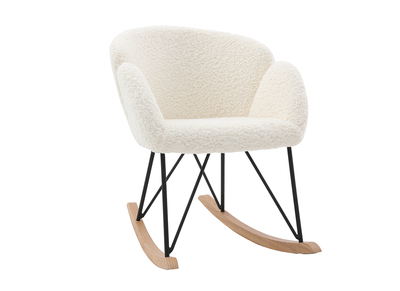 Rocking chair en tissu effet peau de mouton blanc, métal noir et bois clair RHAPSODY