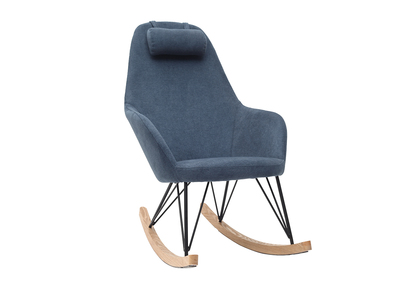 Rocking chair en tissu effet velours bleu avec pieds m&eacute;tal et bois JHENE