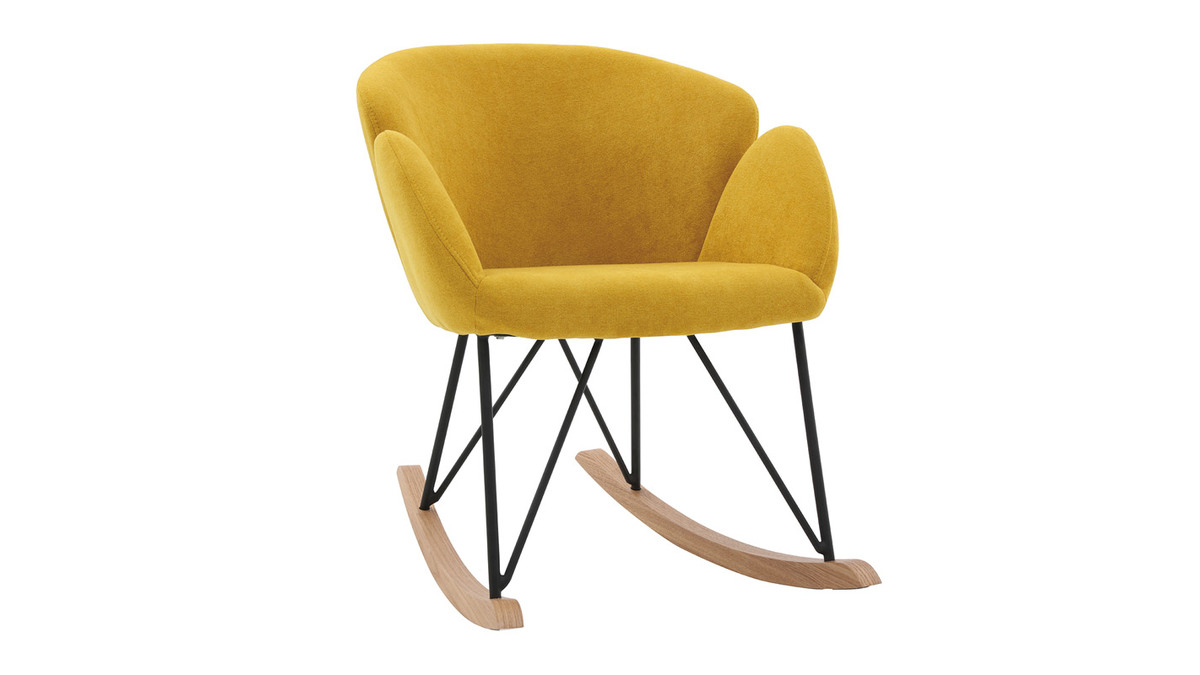 Rocking chair en tissu effet velours jaune moutarde, métal noir et bois clair RHAPSODY