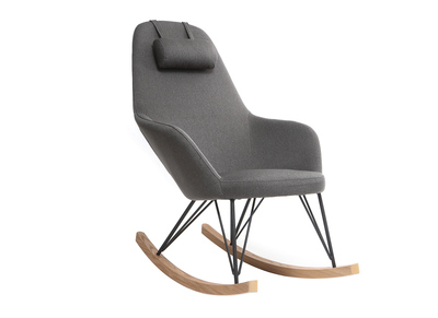 Rocking chair en tissu gris fonc&eacute; avec pieds m&eacute;tal et fr&ecirc;ne JHENE