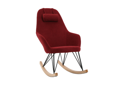 Rocking chair en tissu velours bordeaux avec pieds m&eacute;tal et fr&ecirc;ne JHENE