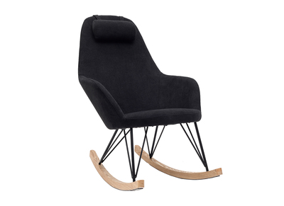 Rocking chair en tissu velours noir avec pieds m&eacute;tal et fr&ecirc;ne JHENE