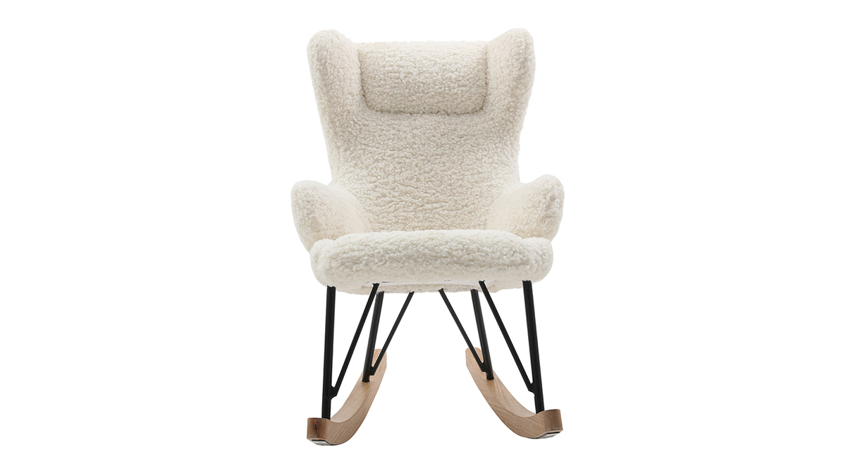 Rocking chair enfant en tissu effet peau de mouton blanc, mtal noir et bois clair SHAUN