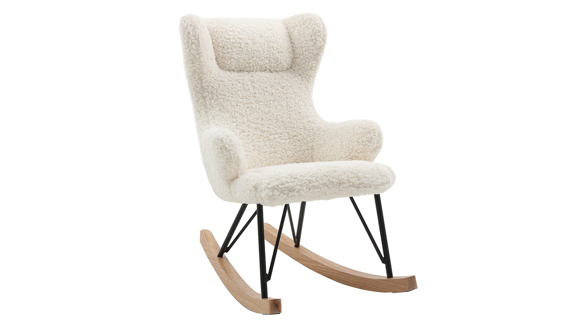 Rocking chair enfant en tissu effet peau de mouton blanc, mtal noir et bois clair SHAUN