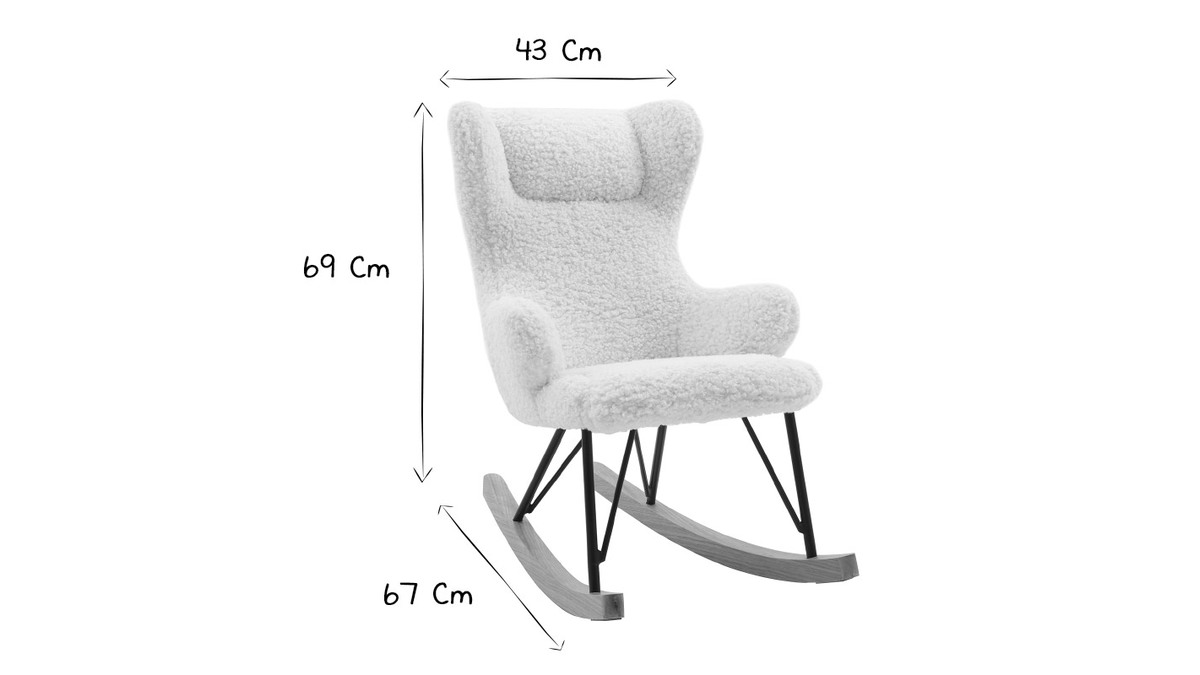 Rocking chair enfant en tissu effet peau de mouton blanc, mtal noir et bois clair SHAUN