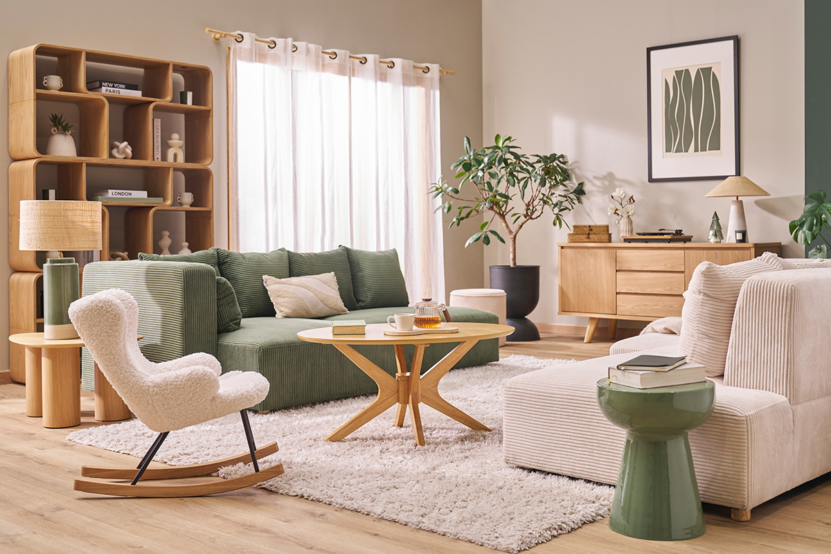 Rocking chair enfant en tissu effet peau de mouton blanc, mtal noir et bois clair SHAUN