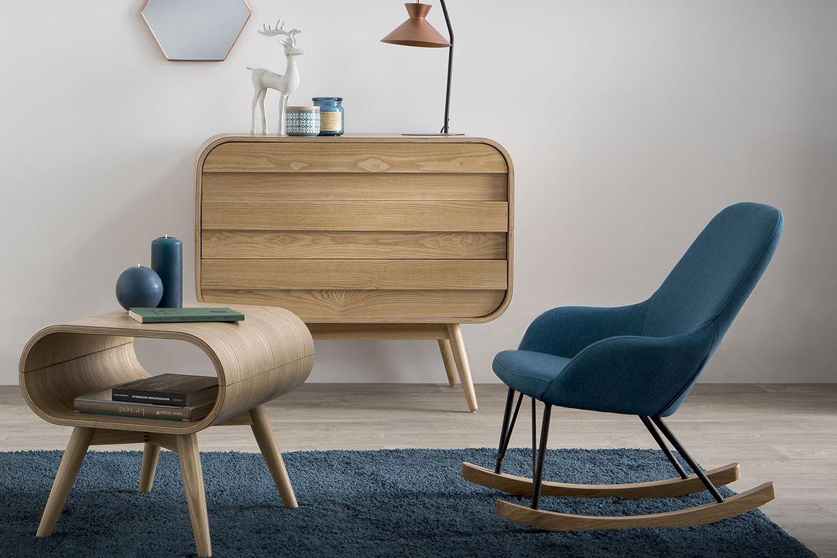 Rocking chair enfant tissu bleu pieds m�tal et fr�ne JHENE