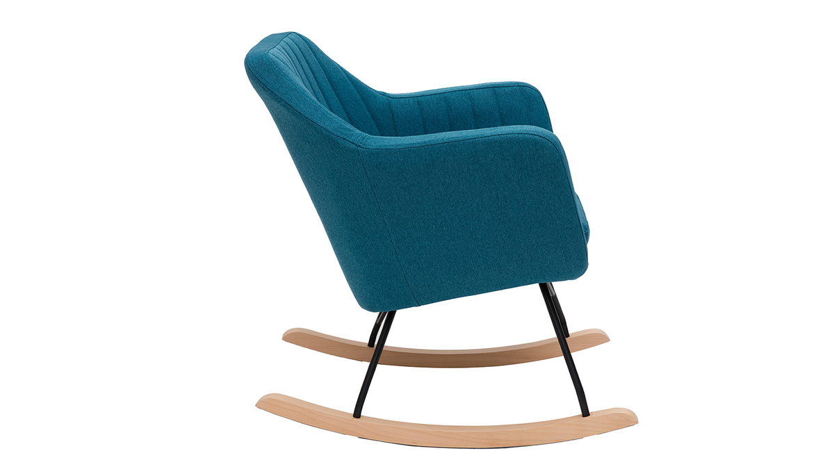 Rocking chair scandinave en tissu bleu canard, mtal noir et bois clair ALEYNA