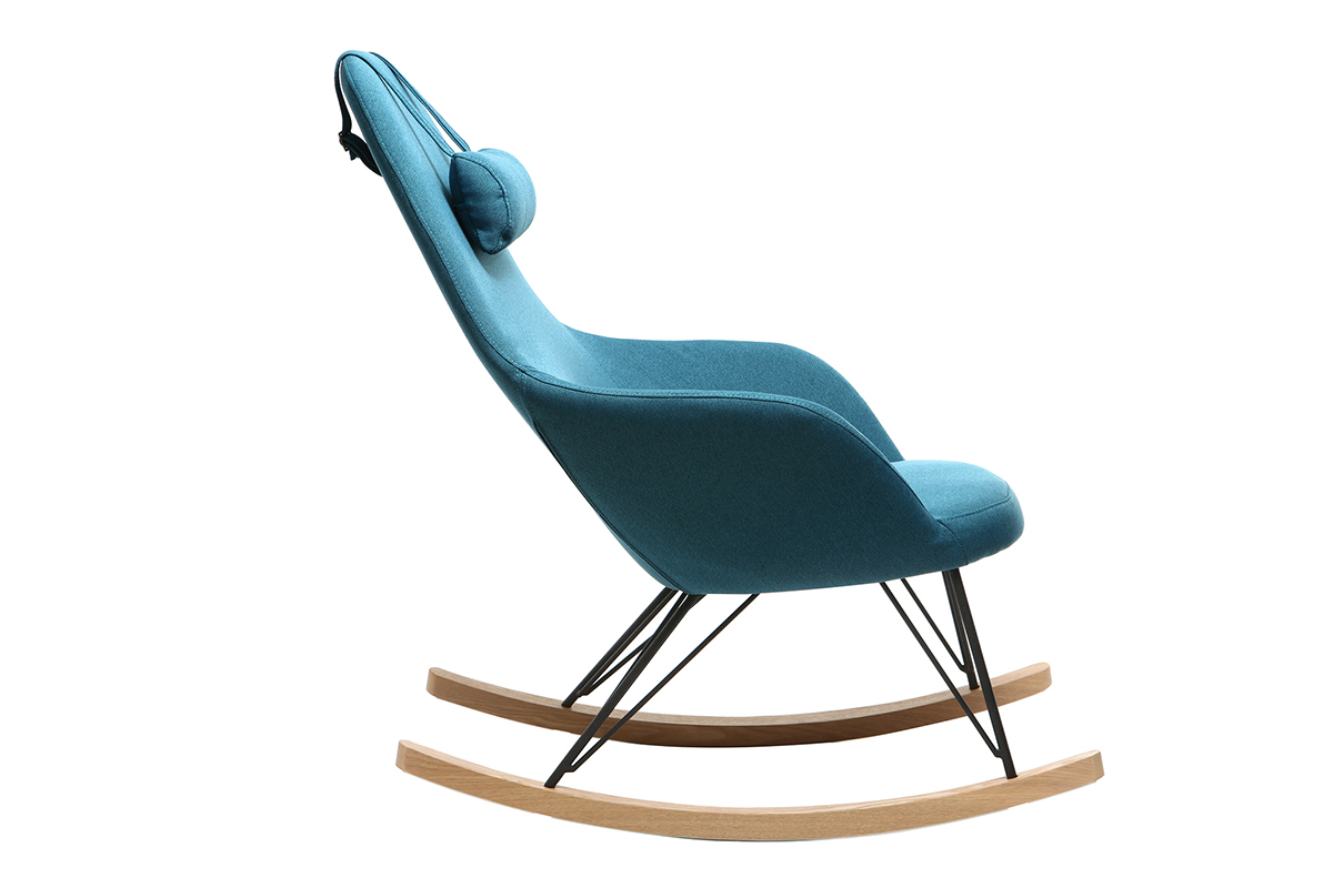 Rocking chair scandinave en tissu bleu canard, métal noir et bois clair JHENE
