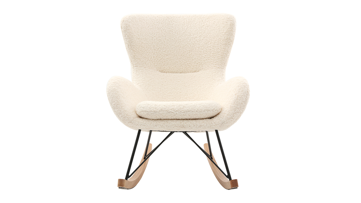 Rocking chair scandinave en tissu effet peau de mouton blanc, mtal noir et bois clair  ESKUA