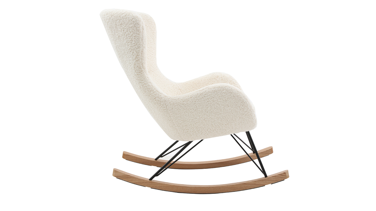 Rocking chair scandinave en tissu effet peau de mouton blanc, mtal noir et bois clair  ESKUA