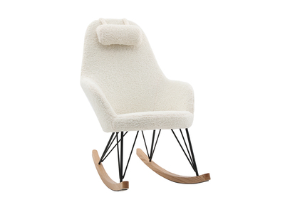 Rocking chair scandinave en tissu effet peau de mouton blanc, métal noir et bois clair JHENE