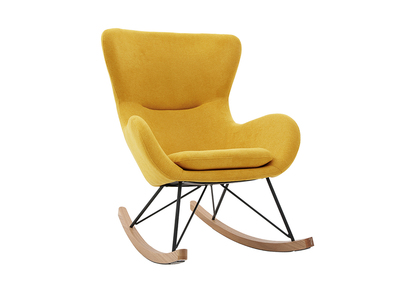 Rocking chair scandinave en tissu effet velours jaune moutarde, métal noir et bois clair ESKUA