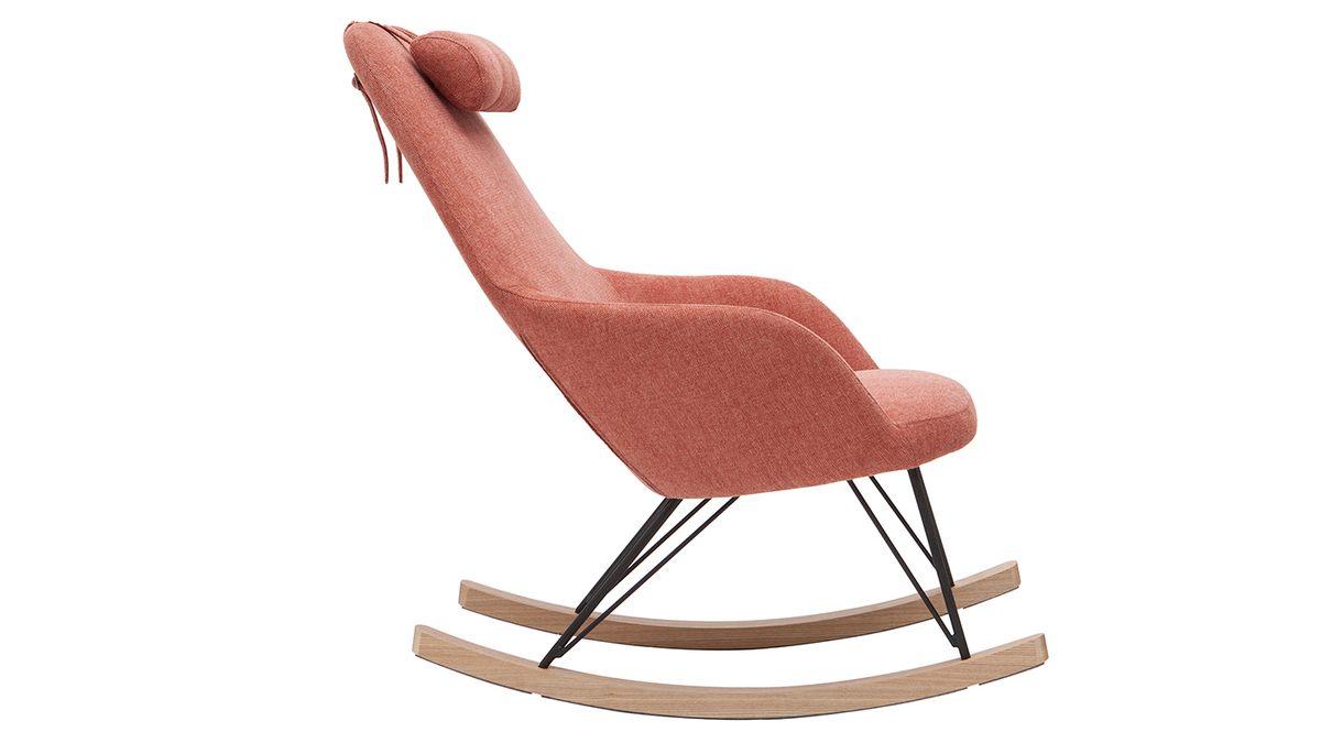 Rocking chair scandinave en tissu effet velours textur terracotta, mtal noir et bois clair JHENE