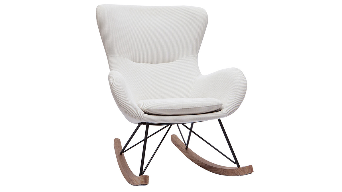Rocking chair scandinave en tissu velours ctel beige, mtal noir et bois clair ESKUA