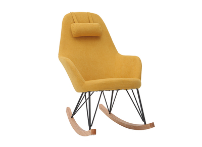 Rocking chair tissu effet velours jaune moutarde avec pieds m&eacute;tal et bois JHENE