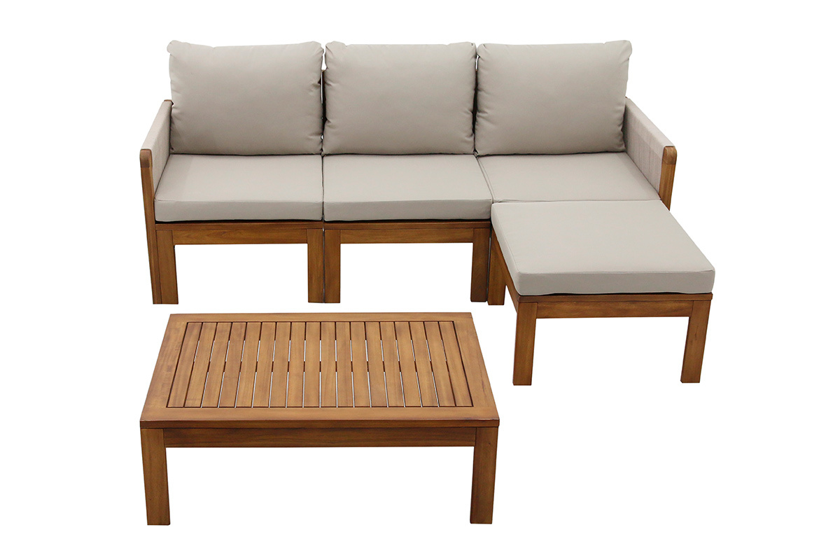 Salon de jardin 3-4 places en bois massif, 2 sets de housse (taupe ou �cru) et accoudoirs tress�s ALOHA
