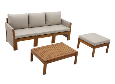 Salon de jardin 3-4 places en bois massif, 2 sets de housse (taupe ou &eacute;cru) et accoudoirs tress&eacute;s ALOHA