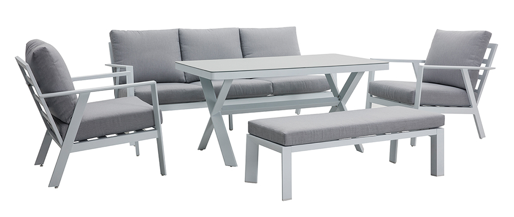 Salon de jardin 7 places avec table � manger en aluminium et tissu gris CALYPSO
