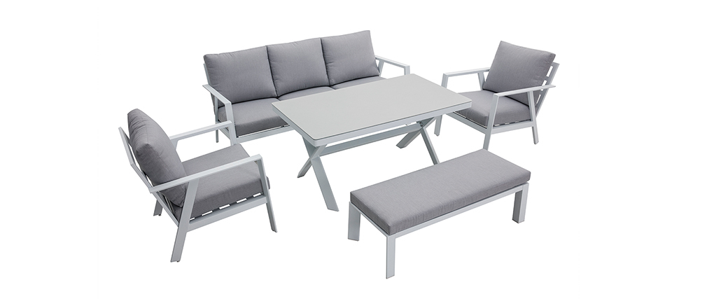 Salon de jardin 7 places avec table � manger en aluminium et tissu gris CALYPSO